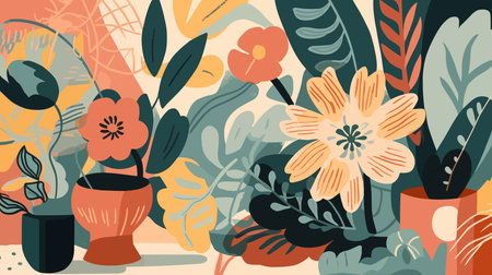 Vector floral background with flowers in pots. Trendy flat illustration.のイラスト素材