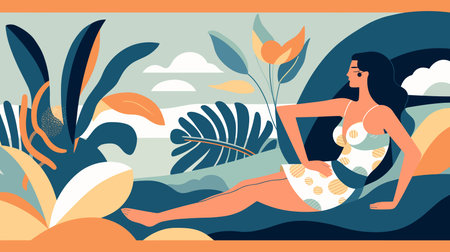 Vector illustration of a girl in a swimsuit on the beach.のイラスト素材