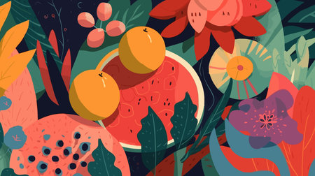 Flat style vector illustration of watermelon and flowers. Summer concept