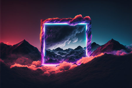 Fantasy landscape with mountains and neon frame. 3D illustration.の素材