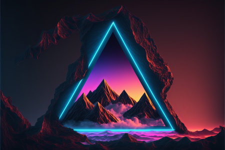 Retro 80s style abstract landscape with mountains and neon lights. 3d illustrationの素材
