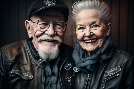 Portrait of a happy senior couple in a leather jacket and cap.の素材