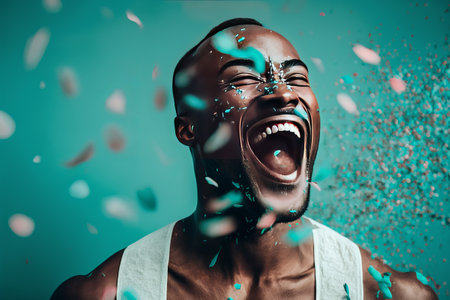 Portrait of young african american man screaming in confettiの素材