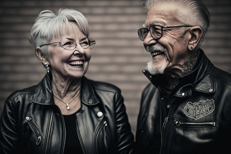 Portrait of a happy senior couple in leather jackets and glasses.の素材