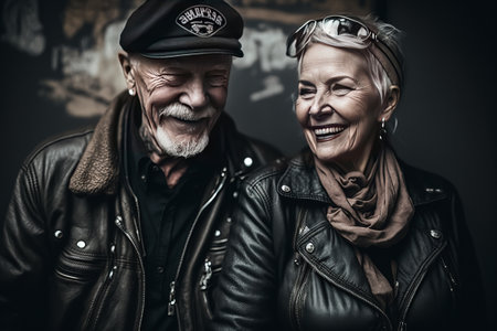 Portrait of an elderly couple in a leather jacket and cap.の素材