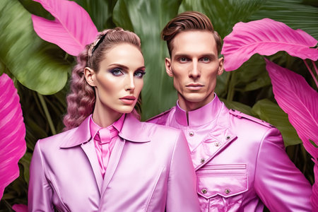 Fashion shot of a stylish couple posing in the tropical garden.の素材