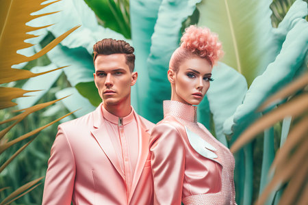 attractive young couple in pink suits looking at camera while standing in tropical gardenの素材