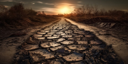 Dirt road in the desert at sunset, panoramic viewの素材