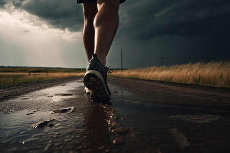 Runner athlete running on country road. woman fitness jogging workout wellness concept.の素材