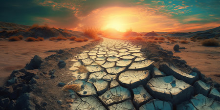 Dry soil in the desert at sunset. 3d render illustrationの素材