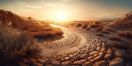 Dry river in the desert at sunset. 3d render illustrationの素材