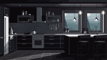 Illustration of a black modern kitchen interior design with furniture and lightingのイラスト素材