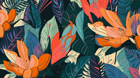 Seamless pattern with tropical flowers and leaves. Vector illustration.