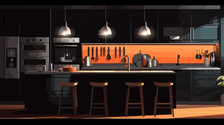 Kitchen interior with furniture and equipment. Vector illustration in flat styleのイラスト素材