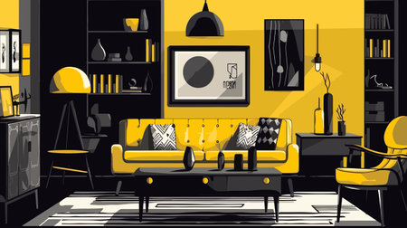 Modern living room with yellow sofa and armchair. Vector illustration.のイラスト素材