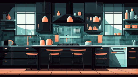 Kitchen interior with furniture. Vector illustration in flat cartoon style.のイラスト素材