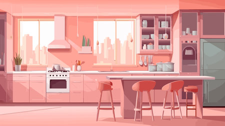 Kitchen interior with furniture and kitchenware. Cartoon vector illustration.のイラスト素材