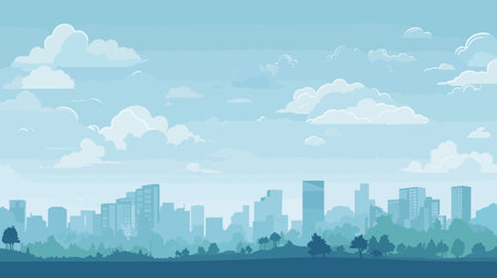 City landscape with skyscrapers and trees. Vector illustration in flat styleのイラスト素材