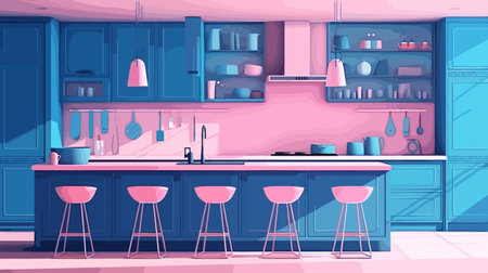Kitchen interior with furniture and equipment. Vector illustration in cartoon styleのイラスト素材