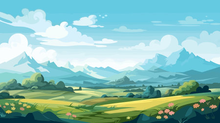 Landscape with mountains, fields and meadows, vector illustration.のイラスト素材