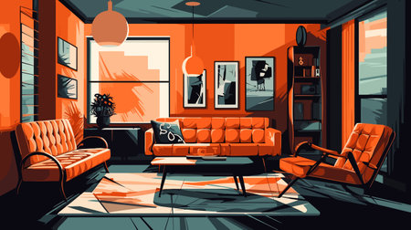 Modern living room interior with orange sofa and armchairs. Vector illustrationのイラスト素材