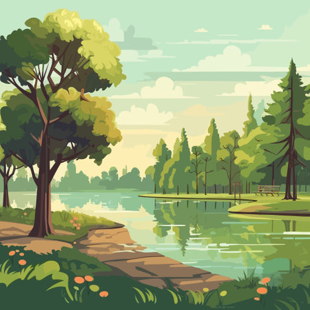 Summer landscape with lake and trees. Vector illustration in flat style.のイラスト素材