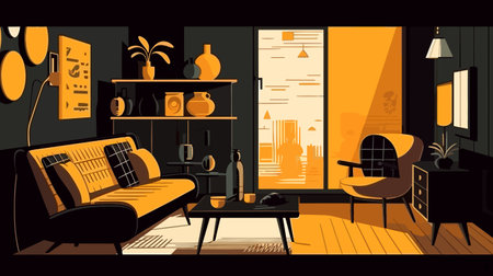 Living room interior with furniture. Cozy living room in flat style. Vector illustration.のイラスト素材