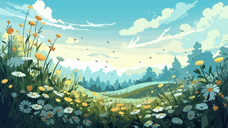 Beautiful meadow with wild flowers and butterflies. Vector illustration.のイラスト素材