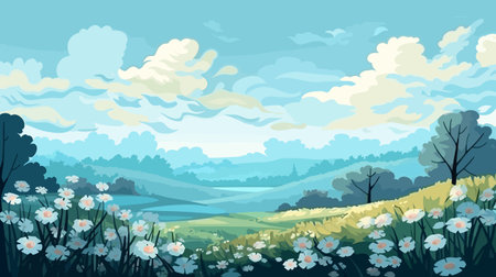 Summer landscape with meadow and flowers. Vector illustration in cartoon style.のイラスト素材