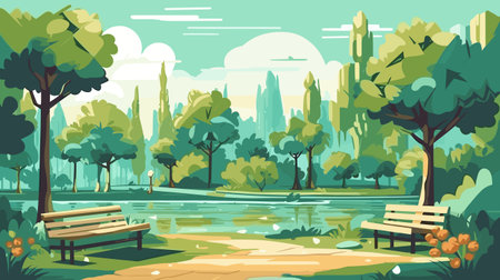 Park landscape with lake, trees and bench. Cartoon vector illustration.のイラスト素材