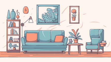 Living room interior with furniture and plants. Vector illustration in flat styleのイラスト素材