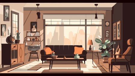 Living room interior with furniture, sofa, coffee table, armchair, coffee table, window and city view. Flat vector illustration.のイラスト素材