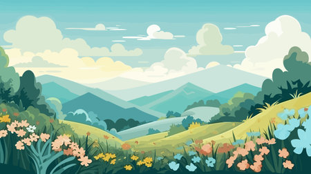 Landscape with meadow, mountains and flowers. Vector illustration.のイラスト素材