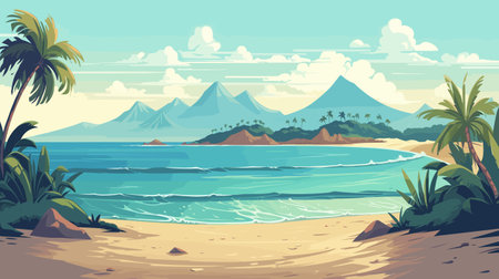 Tropical beach with palms and mountains in the background. Vector illustrationのイラスト素材