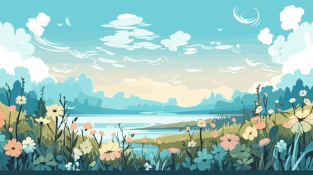 Summer landscape with lake and flowers. Vector illustration. EPS10.のイラスト素材