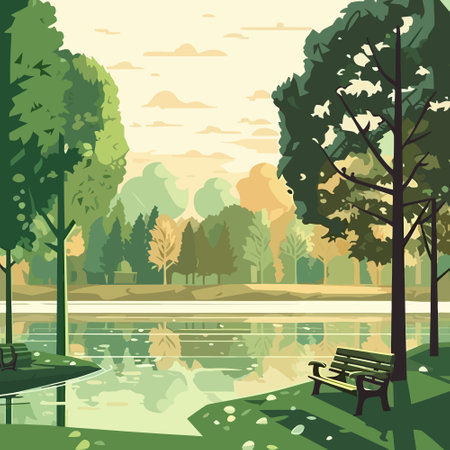 Park landscape with lake and trees. Vector illustration in flat style.のイラスト素材
