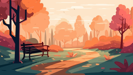 Autumn park landscape with bench and trees, flat vector illustration.のイラスト素材