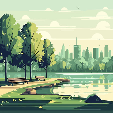 City park with lake and trees. Vector illustration in flat style.のイラスト素材