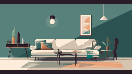 Living room interior with sofa and coffee table. Vector illustration in flat styleのイラスト素材