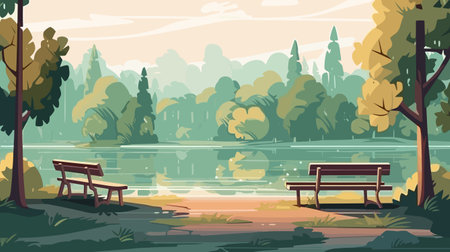Landscape with river and bench. Vector illustration in flat style.のイラスト素材