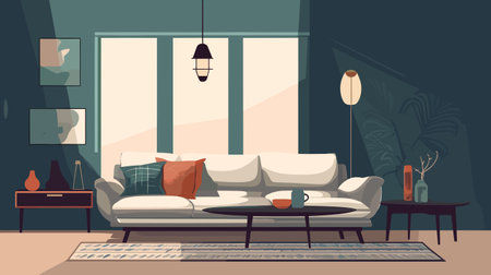 Living room interior with sofa, coffee table and lamp. Vector illustration in flat styleのイラスト素材