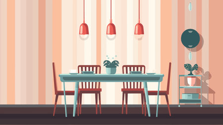 Dining room interior. Vector illustration in flat style. Furniture, chairs, tables.のイラスト素材