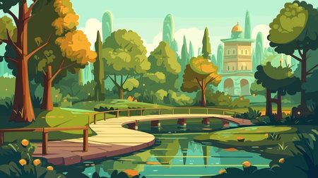 Park landscape with pond, bridge and trees. Vector illustration in cartoon styleのイラスト素材