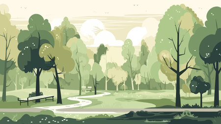Park landscape with trees and bench. Vector illustration. EPS10.のイラスト素材