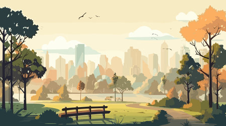 Autumn city park landscape background. Vector illustration in flat style.のイラスト素材