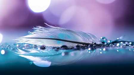 Feather with water drops on bokeh background, close upの素材