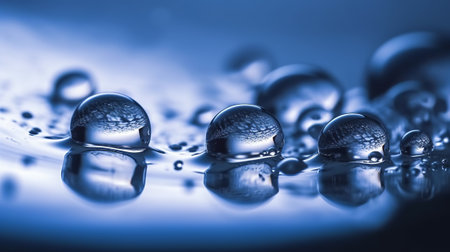 Water drops on blue background. Shallow depth of field. Selective focus.の素材