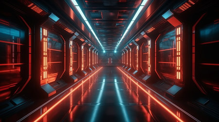 futuristic scifi tunnel corridor with glowing lights 3d rendering wallpaper backgroundの素材