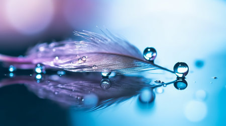 Feather and water drops on a black background. Close up.の素材