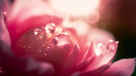 Beautiful pink peony flower with dew drops close-upの素材